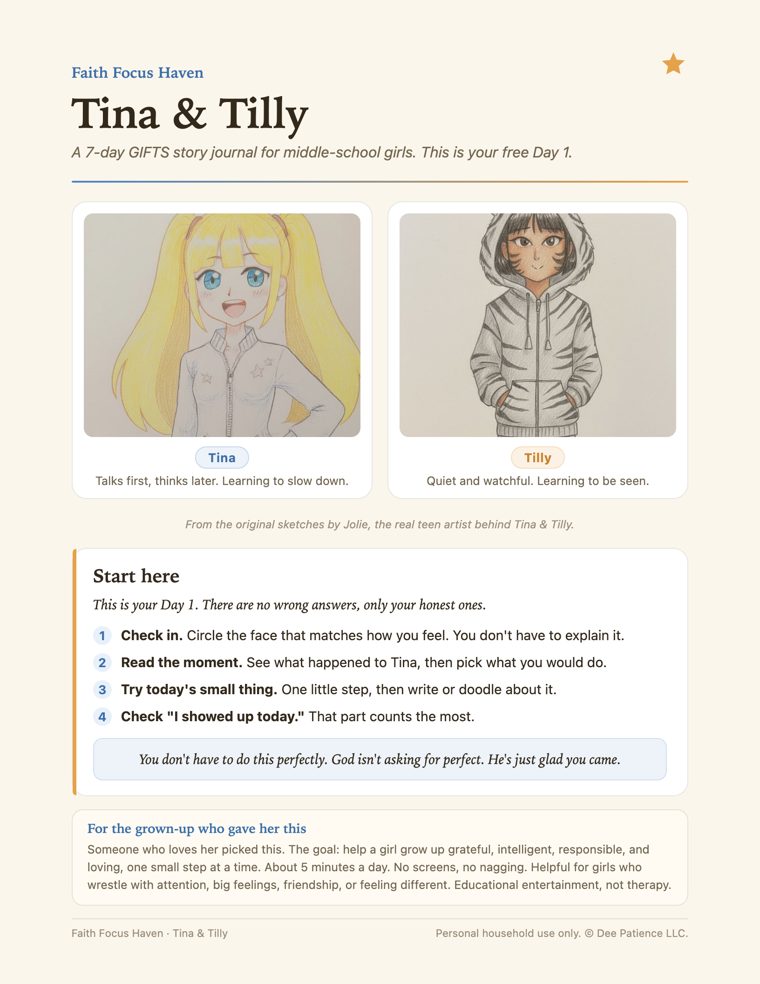 Day 1 welcome page with Tina and Tilly, drawn by Jolie