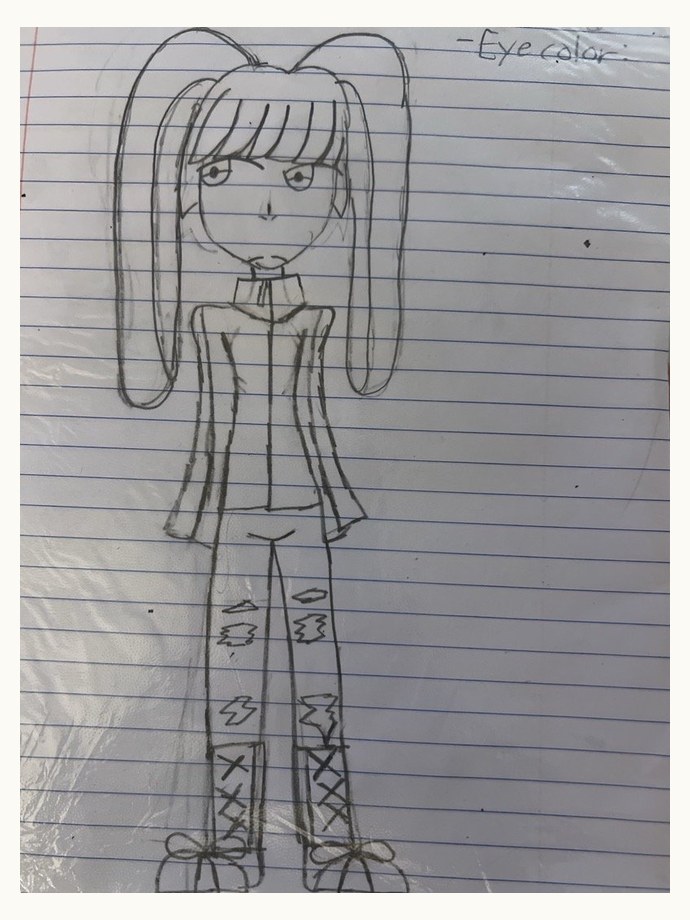 Jolie's original pencil drawing of Tina, a girl with twin ponytails