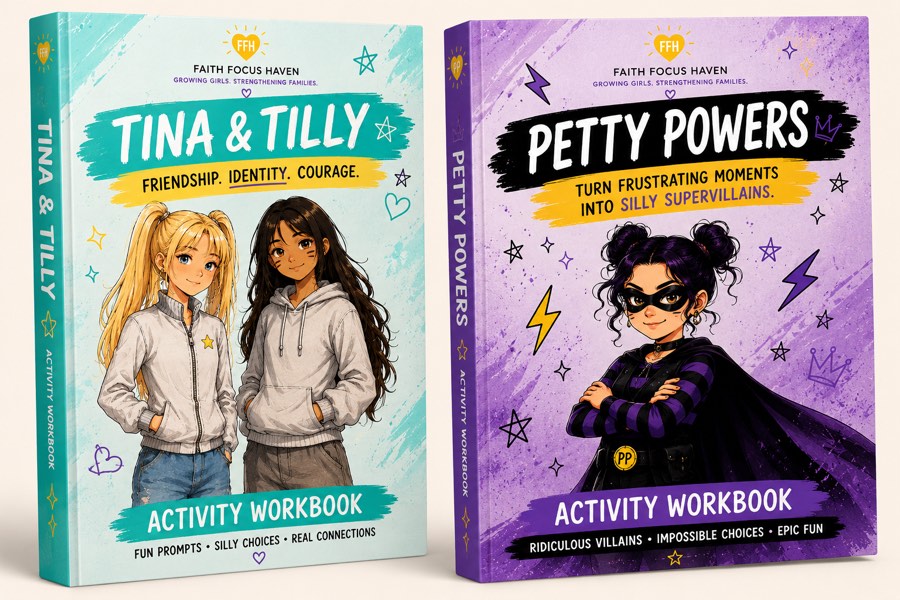 Concept mockup of the Tina and Tilly and Petty Powers activity workbooks